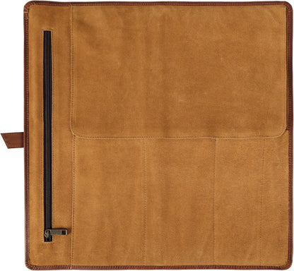 Premium Buffalo Leather Chef Knife Roll – 17.5″ × 17.5″ Knife Storage Bag with 4 Slots, Suede Lining, Brass Buckle & Zipper Pouch – Portable Travel Case for Chefs & Culinary Students