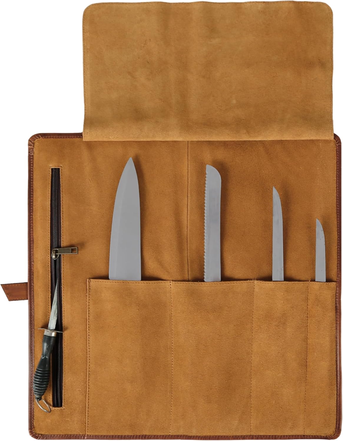 Premium Buffalo Leather Chef Knife Roll – 17.5″ × 17.5″ Knife Storage Bag with 4 Slots, Suede Lining, Brass Buckle & Zipper Pouch – Portable Travel Case for Chefs & Culinary Students