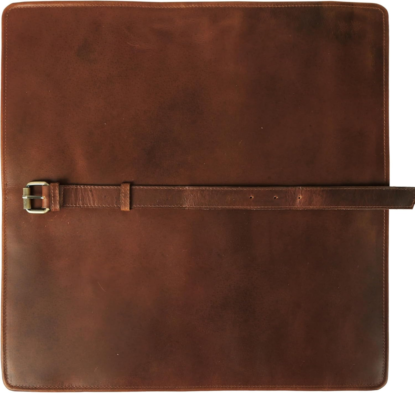 Premium Buffalo Leather Chef Knife Roll – 17.5″ × 17.5″ Knife Storage Bag with 4 Slots, Suede Lining, Brass Buckle & Zipper Pouch – Portable Travel Case for Chefs & Culinary Students