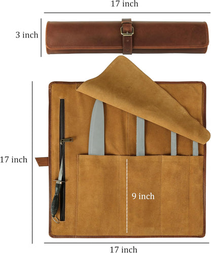 Premium Buffalo Leather Chef Knife Roll – 17.5″ × 17.5″ Knife Storage Bag with 4 Slots, Suede Lining, Brass Buckle & Zipper Pouch – Portable Travel Case for Chefs & Culinary Students