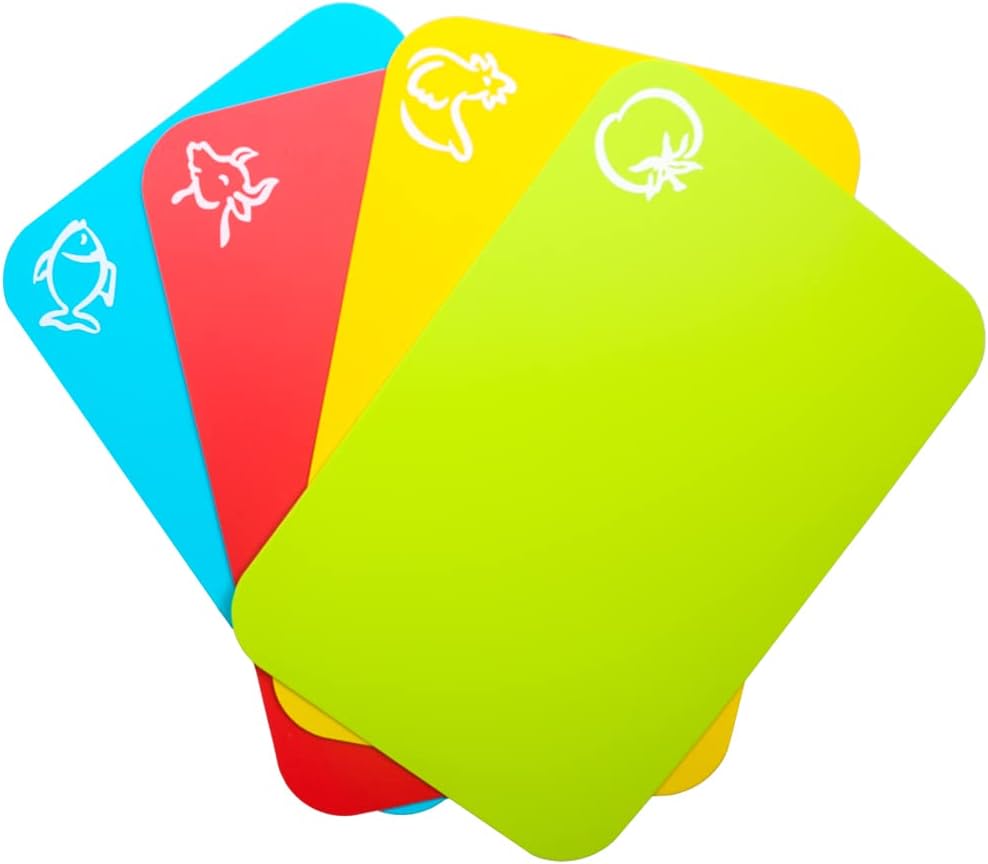 Small Flexible Plastic Cutting Board Mats, Cutting Boards Mats With Food Icons, Gripped Back and Dishwasher Safe, Set of 4 (7.5x11.4inch)