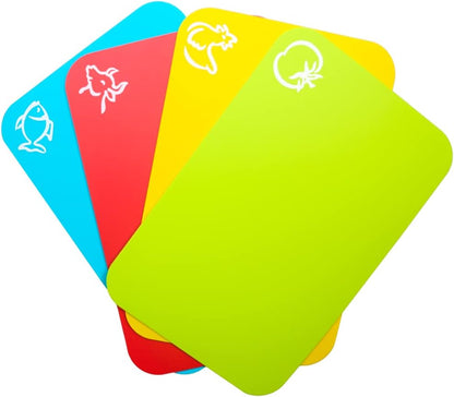 Small Flexible Plastic Cutting Board Mats, Cutting Boards Mats With Food Icons, Gripped Back and Dishwasher Safe, Set of 4 (7.5x11.4inch)