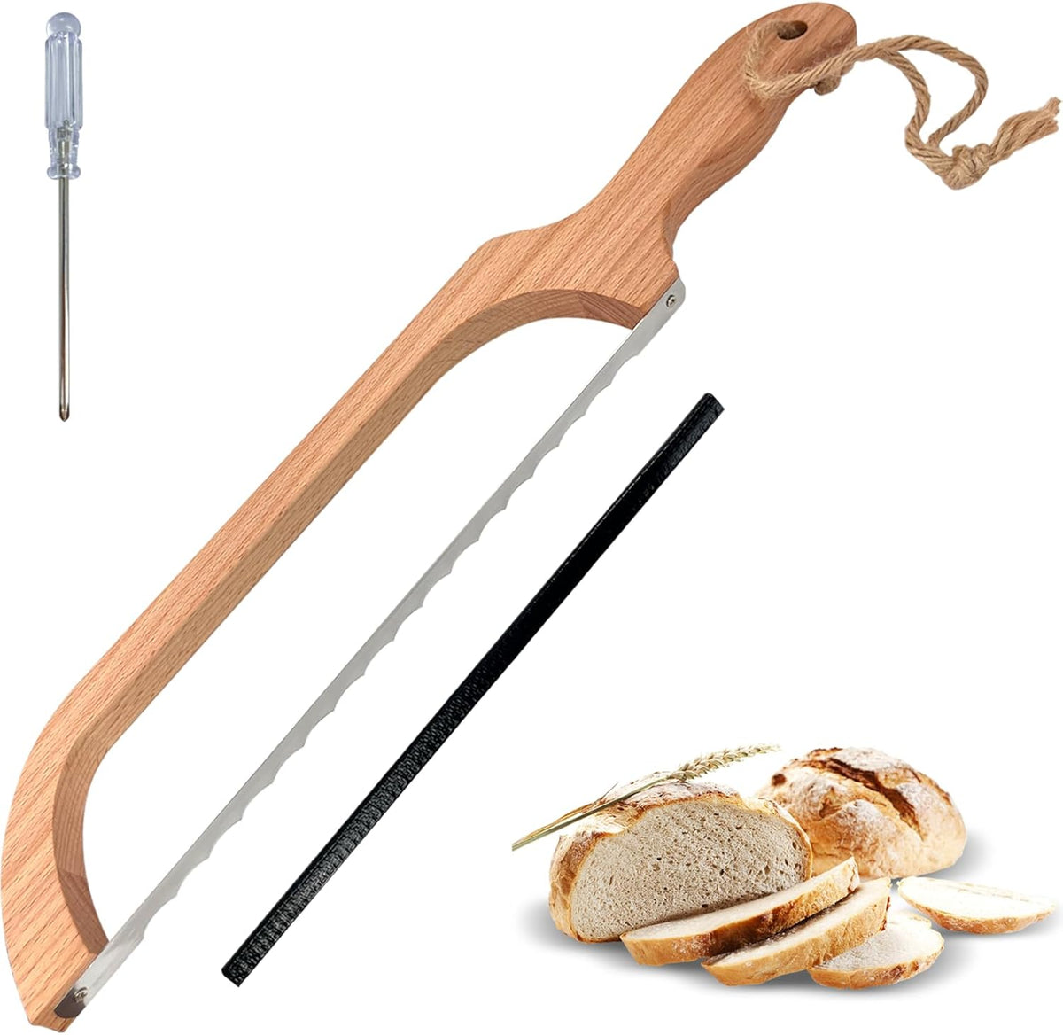 Bread Knife for Homemade Bread, 16" Wooden Sourdough Bread Slicer | Bow design with serrated stainless steel blade and beech wood handle; cuts even slices of sourdough, bagels and baguettes