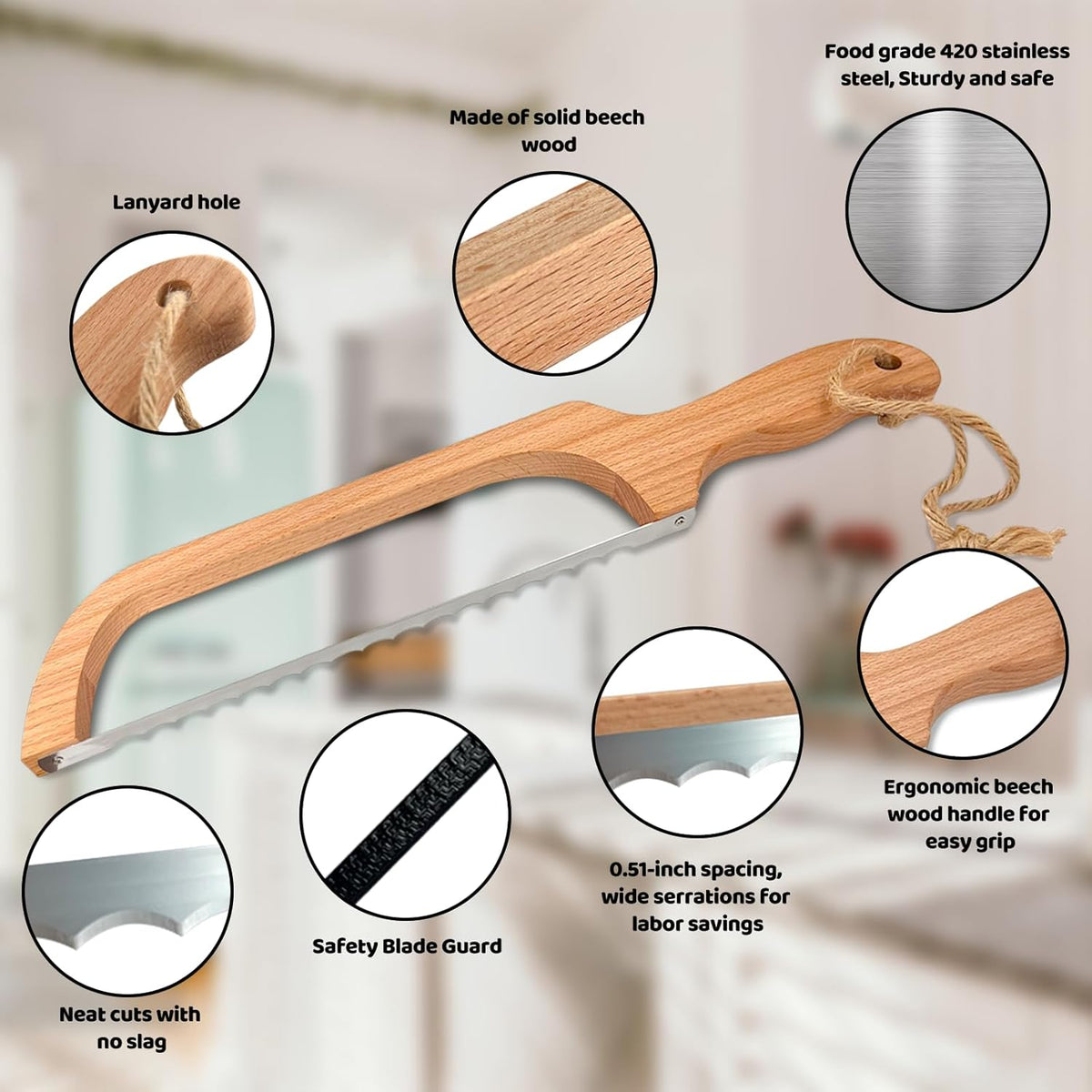 Bread Knife for Homemade Bread, 16" Wooden Sourdough Bread Slicer | Bow design with serrated stainless steel blade and beech wood handle; cuts even slices of sourdough, bagels and baguettes