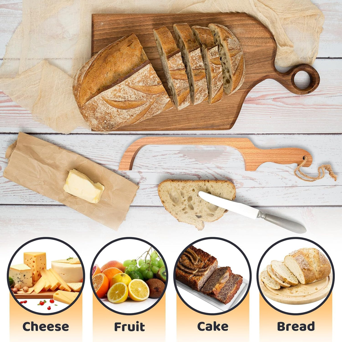 Bread Knife for Homemade Bread, 16" Wooden Sourdough Bread Slicer | Bow design with serrated stainless steel blade and beech wood handle; cuts even slices of sourdough, bagels and baguettes