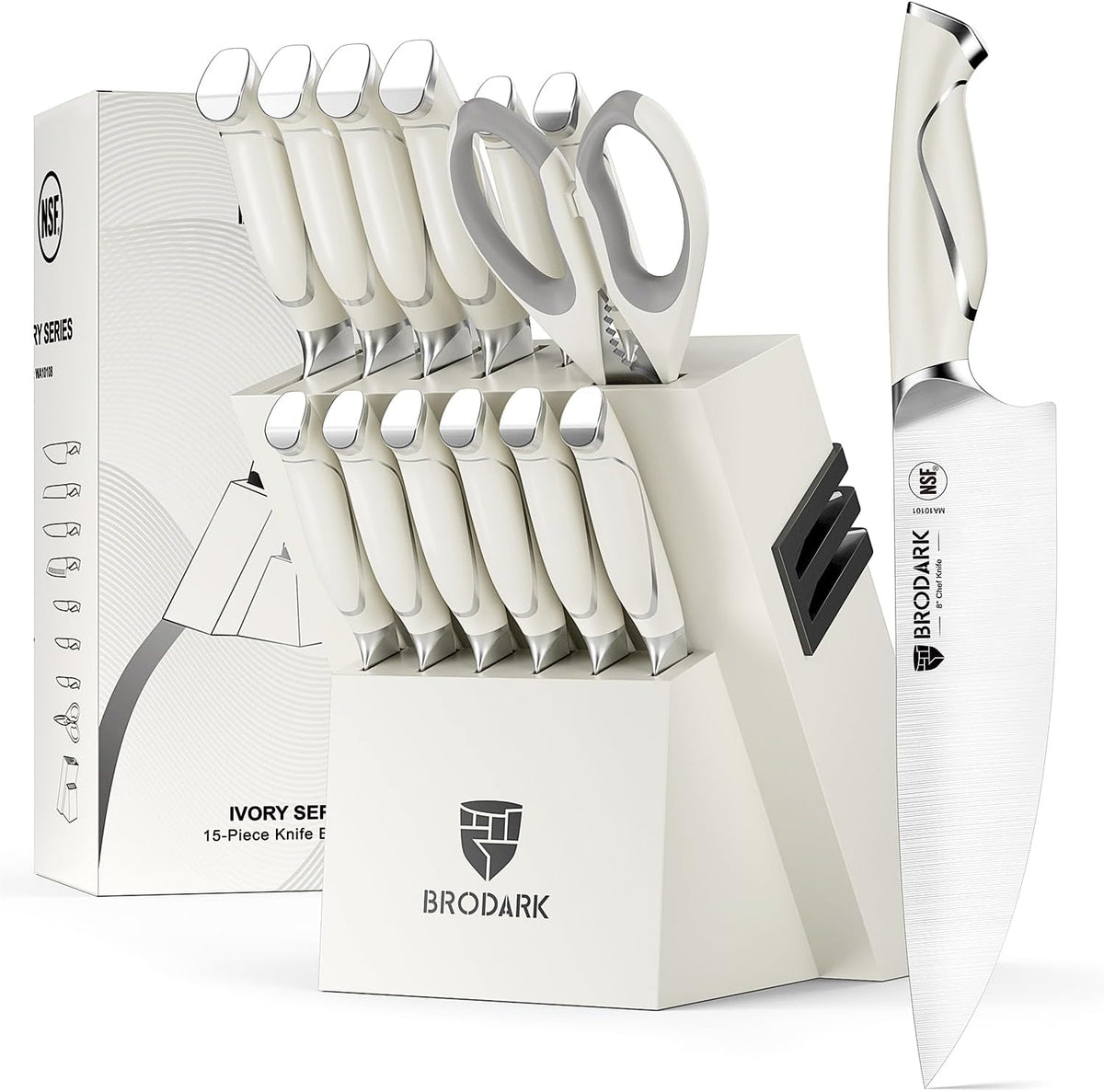 15Pcs High Carbon Stainless Steel Knife Set with Block, Ultra Sharp | Premium German Steel Kitchen Knives with Sharpener, Ergonomic Black Handle, Acacia Wood Block, Elegant Gift for Home Chefs
