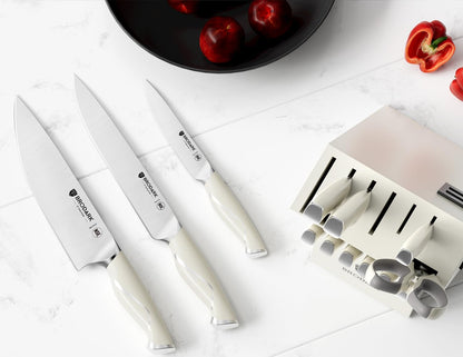 15Pcs High Carbon Stainless Steel Knife Set with Block, Ultra Sharp | Premium German Steel Kitchen Knives with Sharpener, Ergonomic Black Handle, Acacia Wood Block, Elegant Gift for Home Chefs