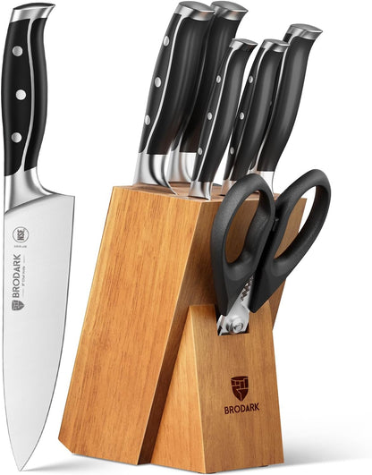 15Pcs High Carbon Stainless Steel Knife Set with Block, Ultra Sharp | Premium German Steel Kitchen Knives with Sharpener, Ergonomic Black Handle, Acacia Wood Block, Elegant Gift for Home Chefs