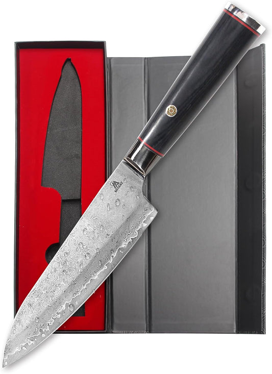 7.5" Japanese Gyuto Chef Knife With Pakkawood Handle | 9Cr18MoV High Carbon Stainless Steel, Sharp Blade, Damascus Finish, Gift Box Included