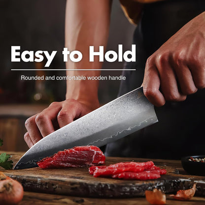 7.5" Japanese Gyuto Chef Knife With Pakkawood Handle | 9Cr18MoV High Carbon Stainless Steel, Sharp Blade, Damascus Finish, Gift Box Included
