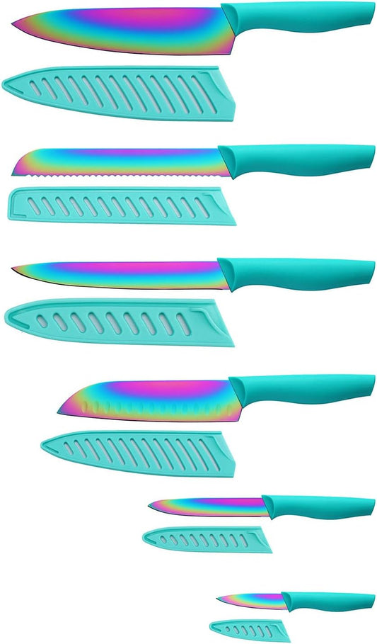 Kitchen Knife Set, KYA37 12-Piece Rainbow Titanium Stainless Steel Boxed Knives Set for Kitchen with Covers, 6 Knives with 6 Blade Guards
