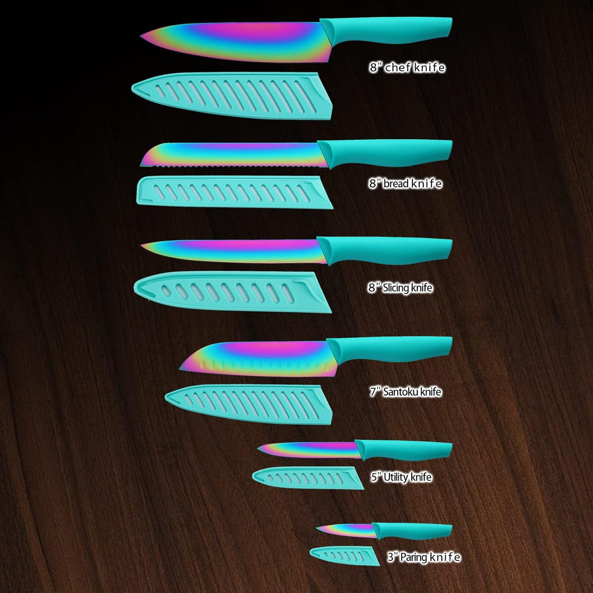 Kitchen Knife Set, KYA37 12-Piece Rainbow Titanium Stainless Steel Boxed Knives Set for Kitchen with Covers, 6 Knives with 6 Blade Guards