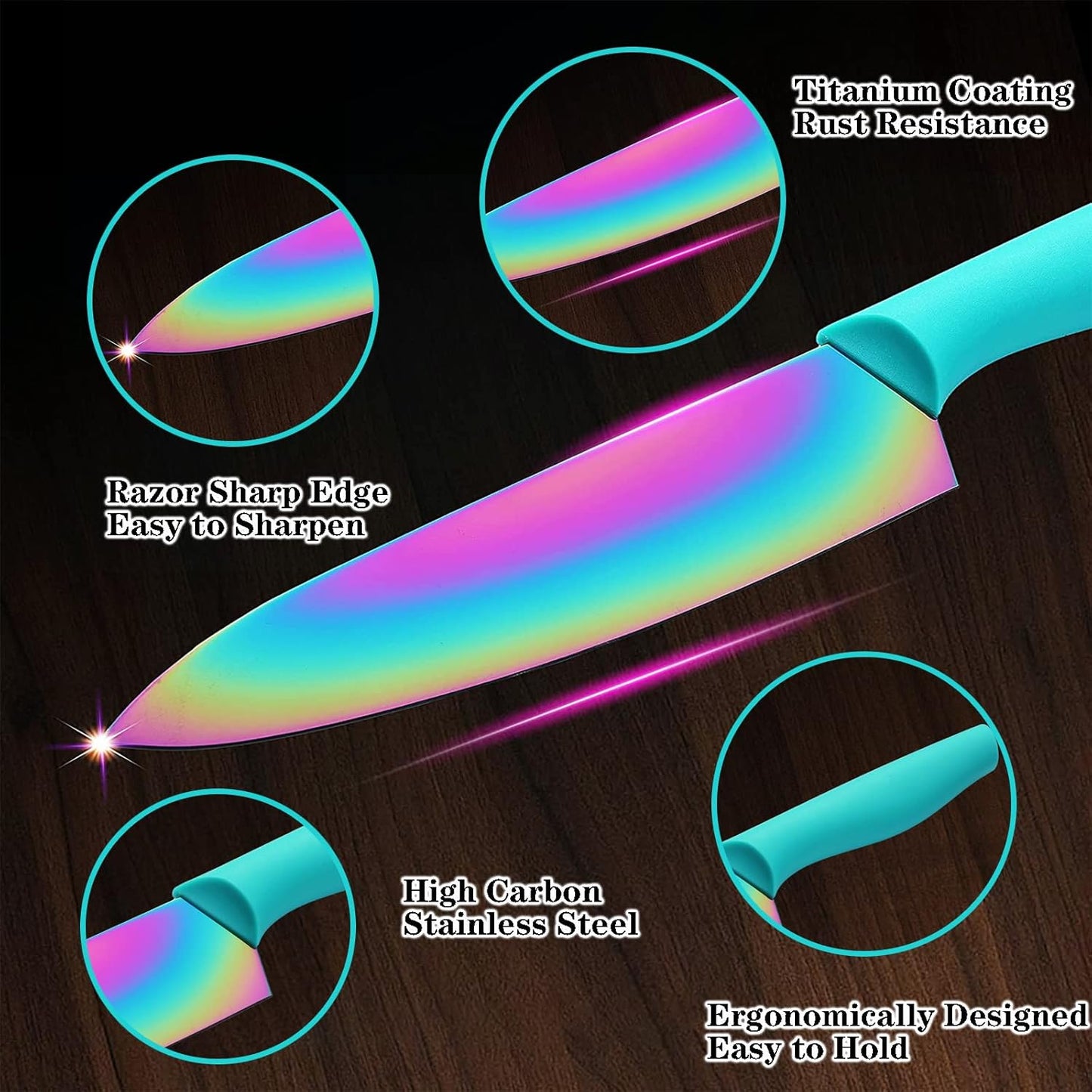 Kitchen Knife Set, KYA37 12-Piece Rainbow Titanium Stainless Steel Boxed Knives Set for Kitchen with Covers, 6 Knives with 6 Blade Guards