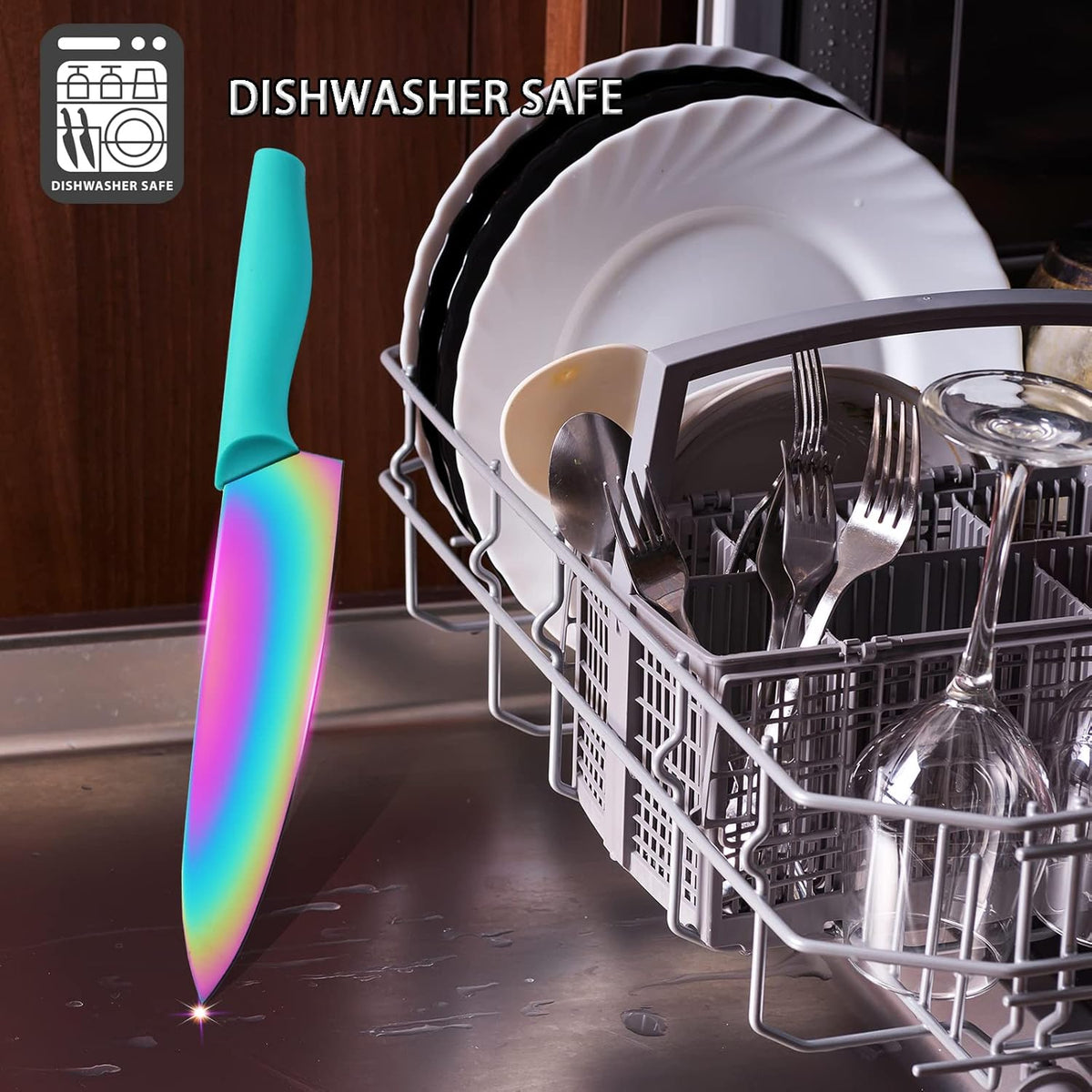 Kitchen Knife Set, KYA37 12-Piece Rainbow Titanium Stainless Steel Boxed Knives Set for Kitchen with Covers, 6 Knives with 6 Blade Guards