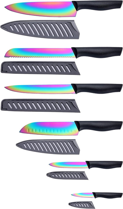 Kitchen Knife Set, KYA37 12-Piece Rainbow Titanium Stainless Steel Boxed Knives Set for Kitchen with Covers, 6 Knives with 6 Blade Guards