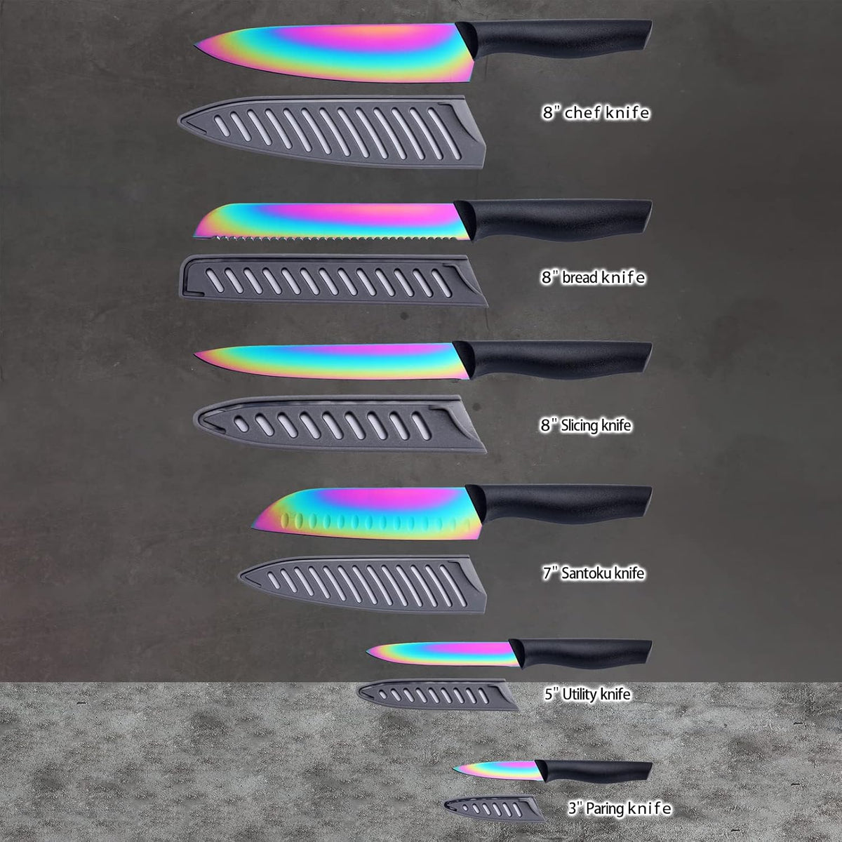 Kitchen Knife Set, KYA37 12-Piece Rainbow Titanium Stainless Steel Boxed Knives Set for Kitchen with Covers, 6 Knives with 6 Blade Guards