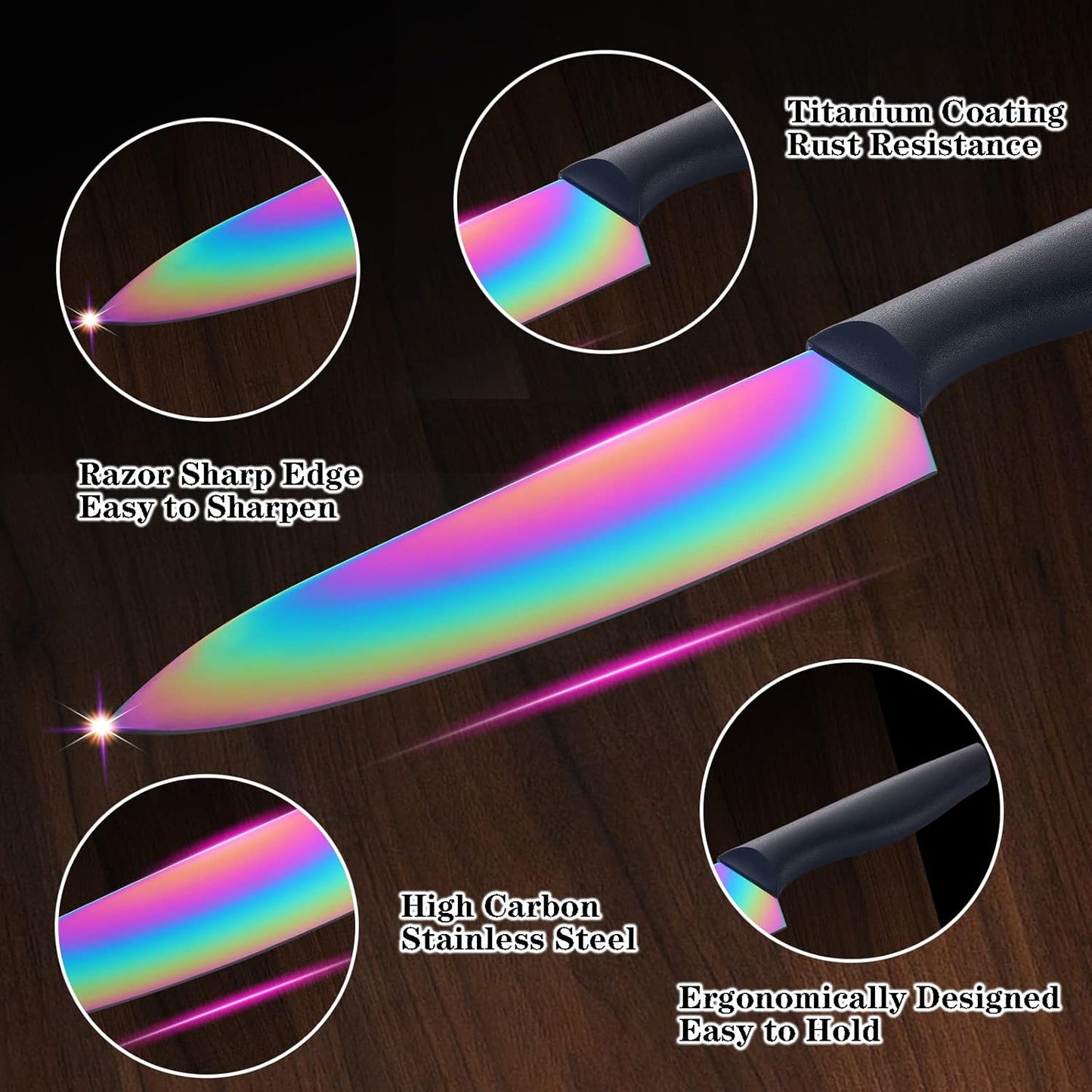 Kitchen Knife Set, KYA37 12-Piece Rainbow Titanium Stainless Steel Boxed Knives Set for Kitchen with Covers, 6 Knives with 6 Blade Guards