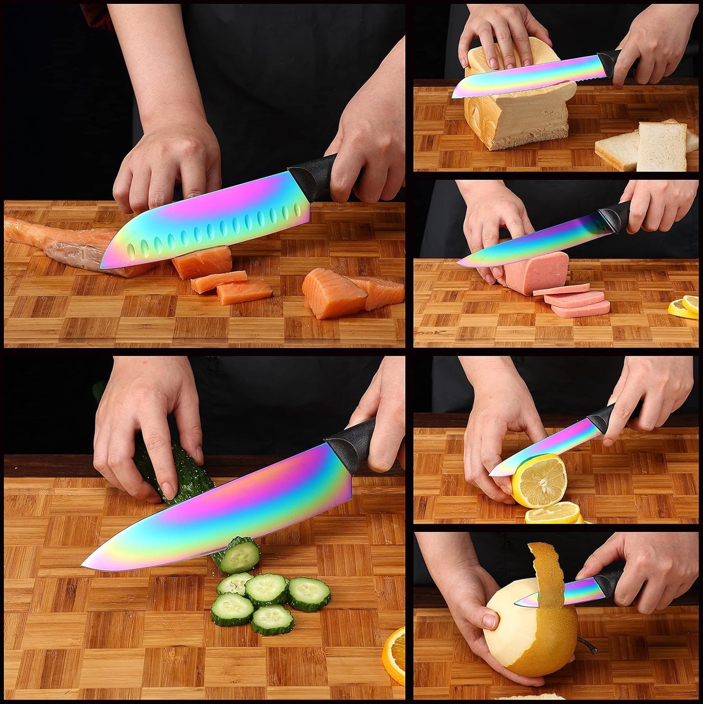 Kitchen Knife Set, KYA37 12-Piece Rainbow Titanium Stainless Steel Boxed Knives Set for Kitchen with Covers, 6 Knives with 6 Blade Guards