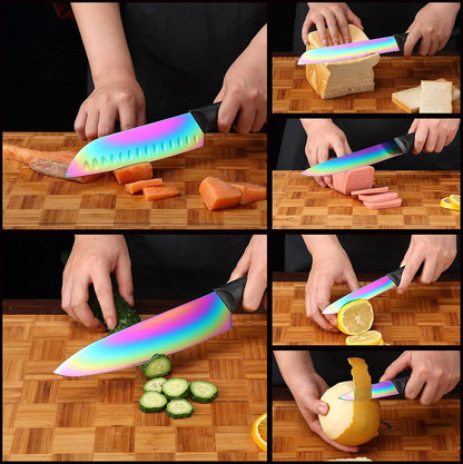 Kitchen Knife Set, KYA37 12-Piece Rainbow Titanium Stainless Steel Boxed Knives Set for Kitchen with Covers, 6 Knives with 6 Blade Guards