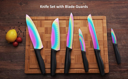 Kitchen Knife Set, KYA37 12-Piece Rainbow Titanium Stainless Steel Boxed Knives Set for Kitchen with Covers, 6 Knives with 6 Blade Guards