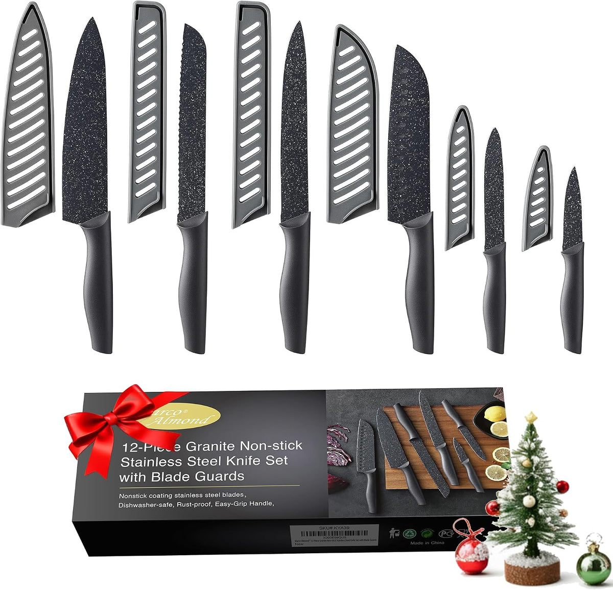 Kitchen Knife Set, KYA37 12-Piece Rainbow Titanium Stainless Steel Boxed Knives Set for Kitchen with Covers, 6 Knives with 6 Blade Guards