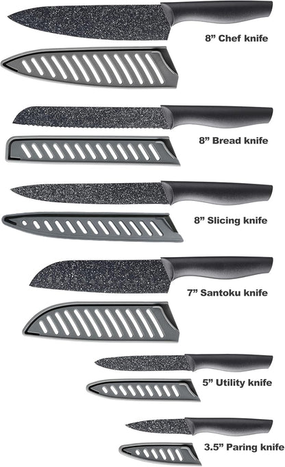 Kitchen Knife Set, KYA37 12-Piece Rainbow Titanium Stainless Steel Boxed Knives Set for Kitchen with Covers, 6 Knives with 6 Blade Guards