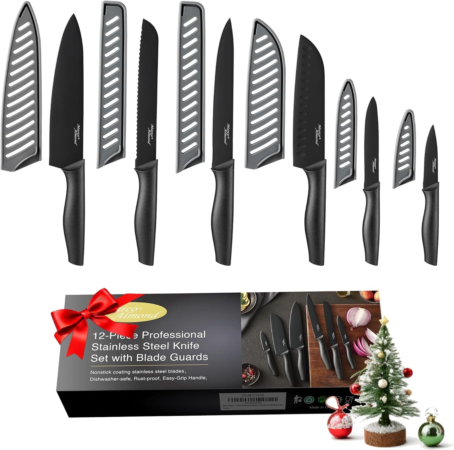 Kitchen Knife Set, KYA37 12-Piece Rainbow Titanium Stainless Steel Boxed Knives Set for Kitchen with Covers, 6 Knives with 6 Blade Guards