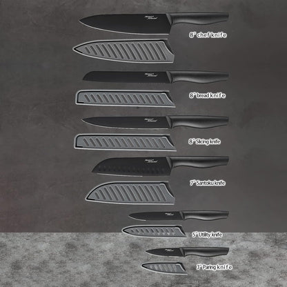 Kitchen Knife Set, KYA37 12-Piece Rainbow Titanium Stainless Steel Boxed Knives Set for Kitchen with Covers, 6 Knives with 6 Blade Guards