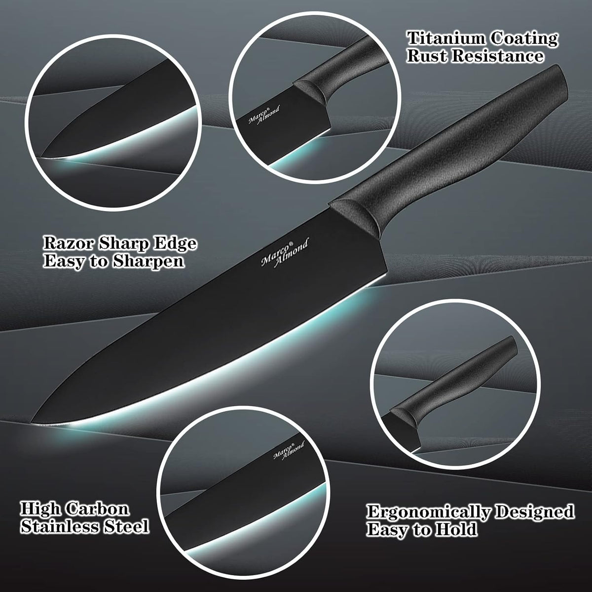 Kitchen Knife Set, KYA37 12-Piece Rainbow Titanium Stainless Steel Boxed Knives Set for Kitchen with Covers, 6 Knives with 6 Blade Guards