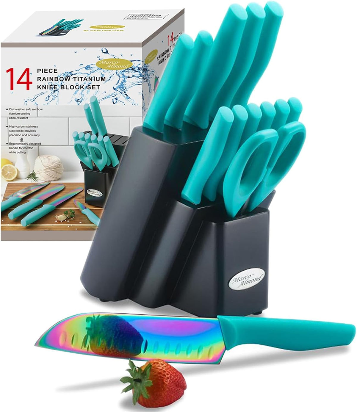 Kitchen Knife Set, KYA37 12-Piece Rainbow Titanium Stainless Steel Boxed Knives Set for Kitchen with Covers, 6 Knives with 6 Blade Guards