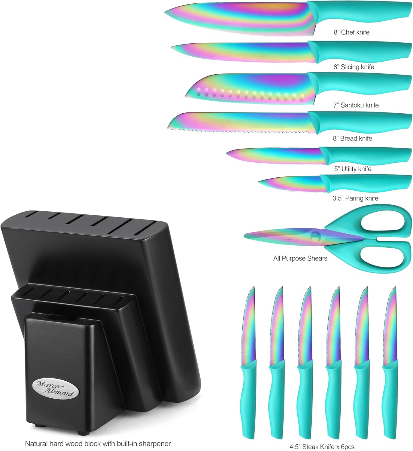 Kitchen Knife Set, KYA37 12-Piece Rainbow Titanium Stainless Steel Boxed Knives Set for Kitchen with Covers, 6 Knives with 6 Blade Guards