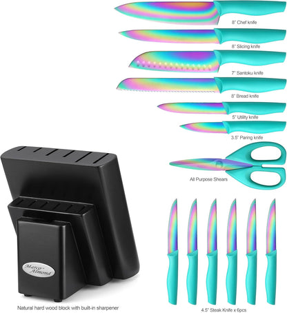 Kitchen Knife Set, KYA37 12-Piece Rainbow Titanium Stainless Steel Boxed Knives Set for Kitchen with Covers, 6 Knives with 6 Blade Guards