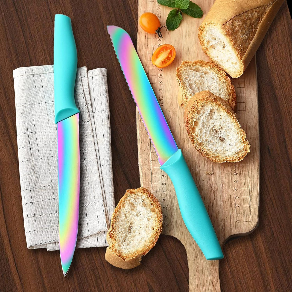 Kitchen Knife Set, KYA37 12-Piece Rainbow Titanium Stainless Steel Boxed Knives Set for Kitchen with Covers, 6 Knives with 6 Blade Guards