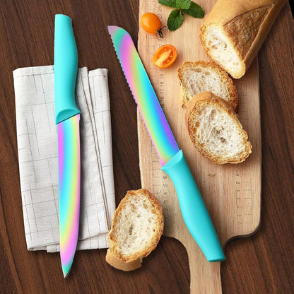 Kitchen Knife Set, KYA37 12-Piece Rainbow Titanium Stainless Steel Boxed Knives Set for Kitchen with Covers, 6 Knives with 6 Blade Guards