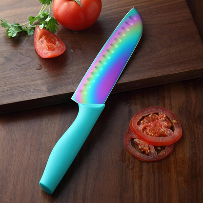 Kitchen Knife Set, KYA37 12-Piece Rainbow Titanium Stainless Steel Boxed Knives Set for Kitchen with Covers, 6 Knives with 6 Blade Guards