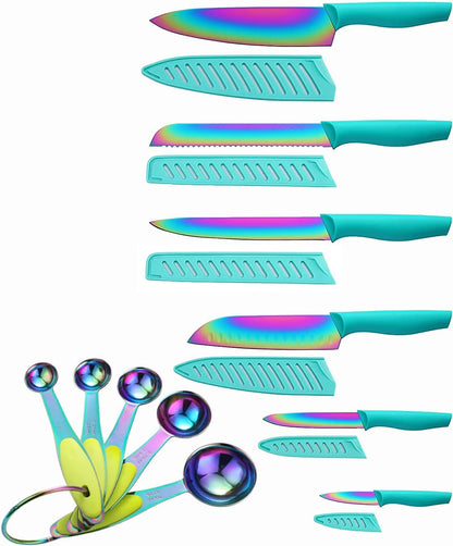 Kitchen Knife Set, KYA37 12-Piece Rainbow Titanium Stainless Steel Boxed Knives Set for Kitchen with Covers, 6 Knives with 6 Blade Guards