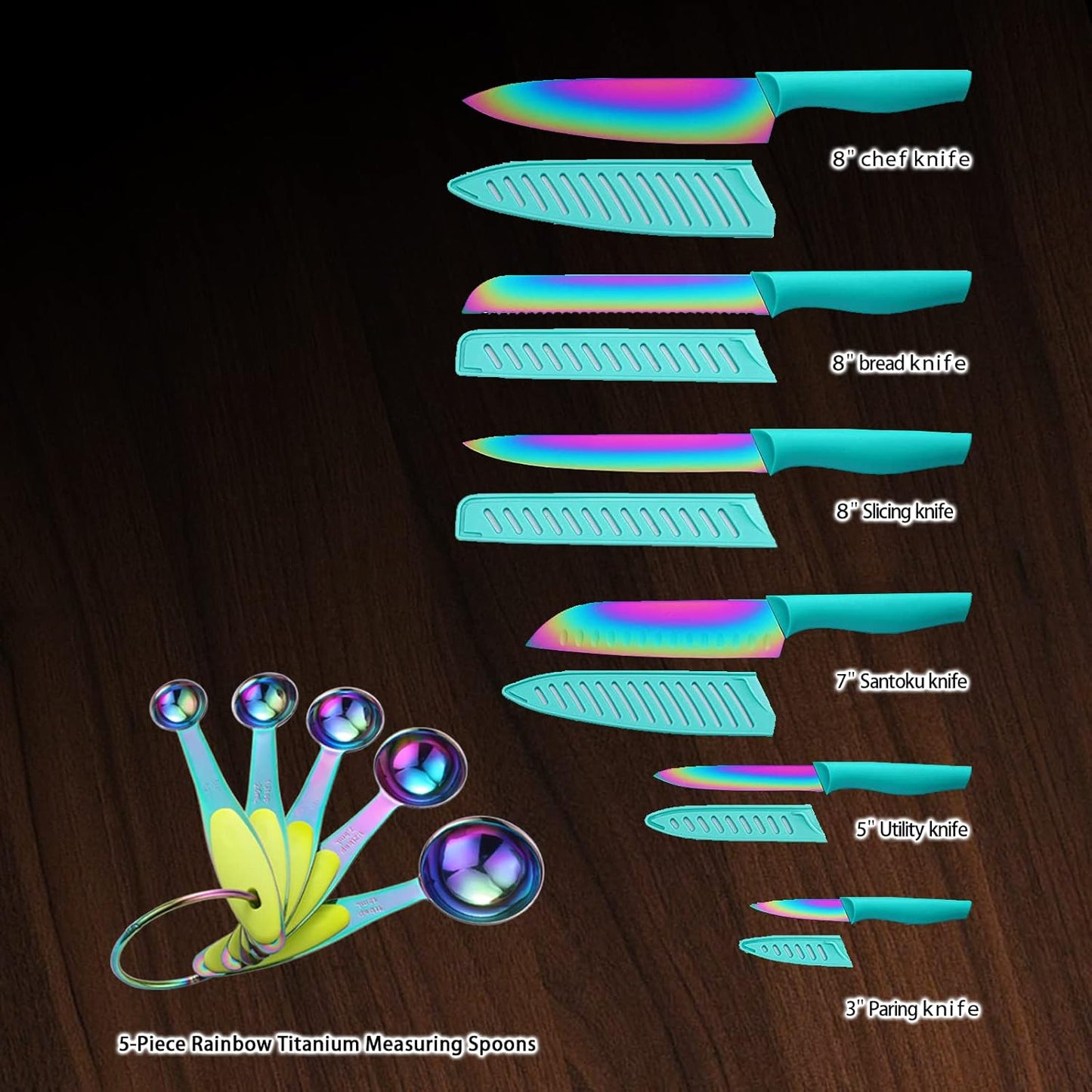 Kitchen Knife Set, KYA37 12-Piece Rainbow Titanium Stainless Steel Boxed Knives Set for Kitchen with Covers, 6 Knives with 6 Blade Guards