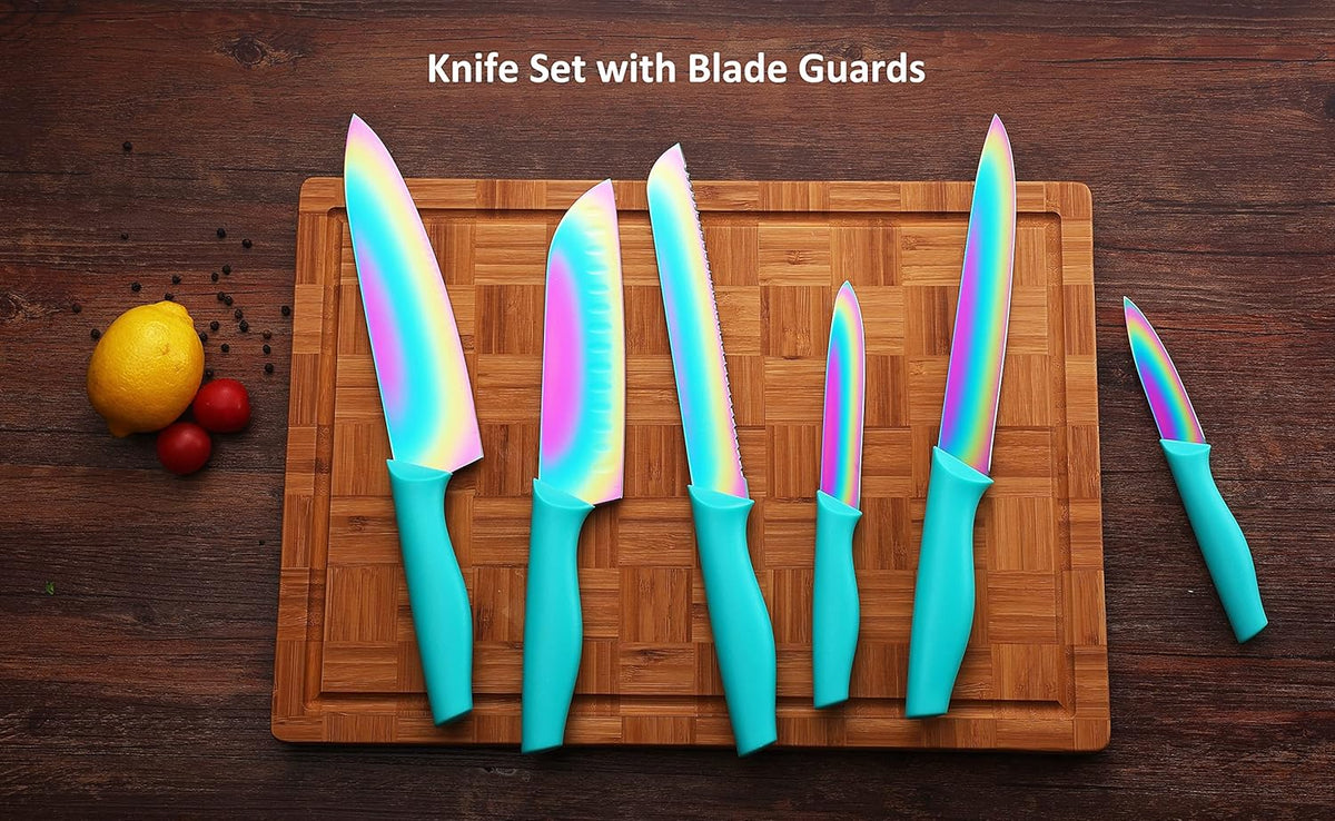 Kitchen Knife Set, KYA37 12-Piece Rainbow Titanium Stainless Steel Boxed Knives Set for Kitchen with Covers, 6 Knives with 6 Blade Guards