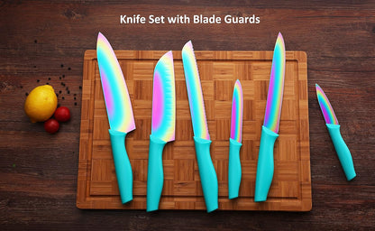 Kitchen Knife Set, KYA37 12-Piece Rainbow Titanium Stainless Steel Boxed Knives Set for Kitchen with Covers, 6 Knives with 6 Blade Guards