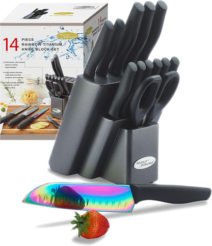 Kitchen Knife Set, KYA37 12-Piece Rainbow Titanium Stainless Steel Boxed Knives Set for Kitchen with Covers, 6 Knives with 6 Blade Guards
