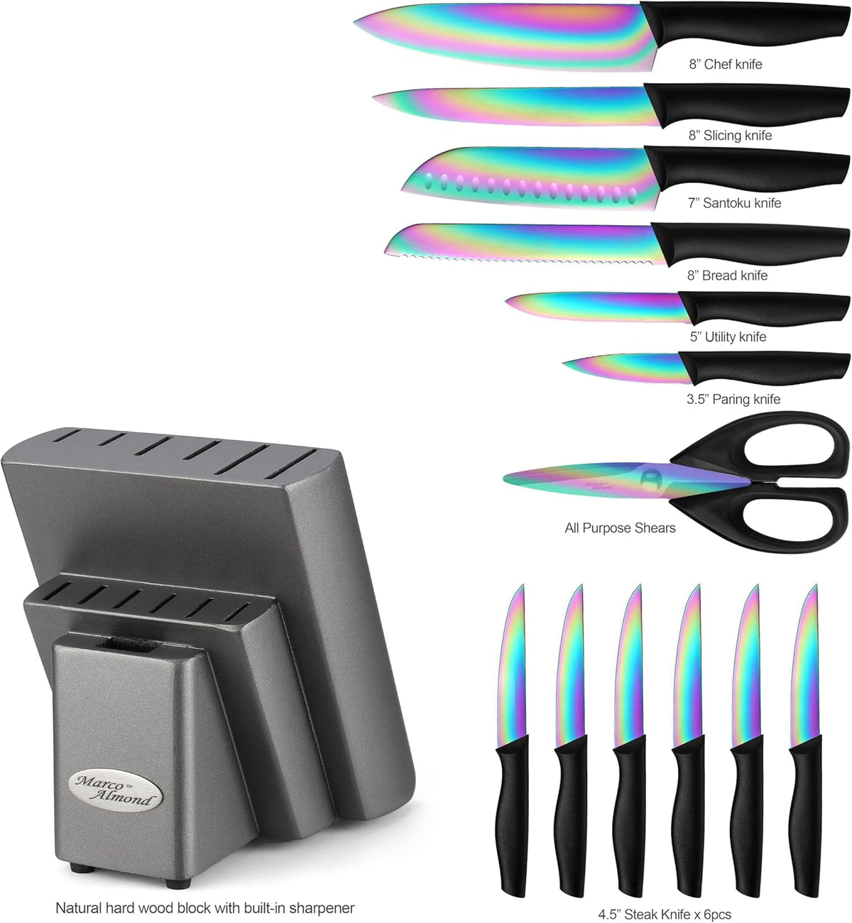 Kitchen Knife Set, KYA37 12-Piece Rainbow Titanium Stainless Steel Boxed Knives Set for Kitchen with Covers, 6 Knives with 6 Blade Guards