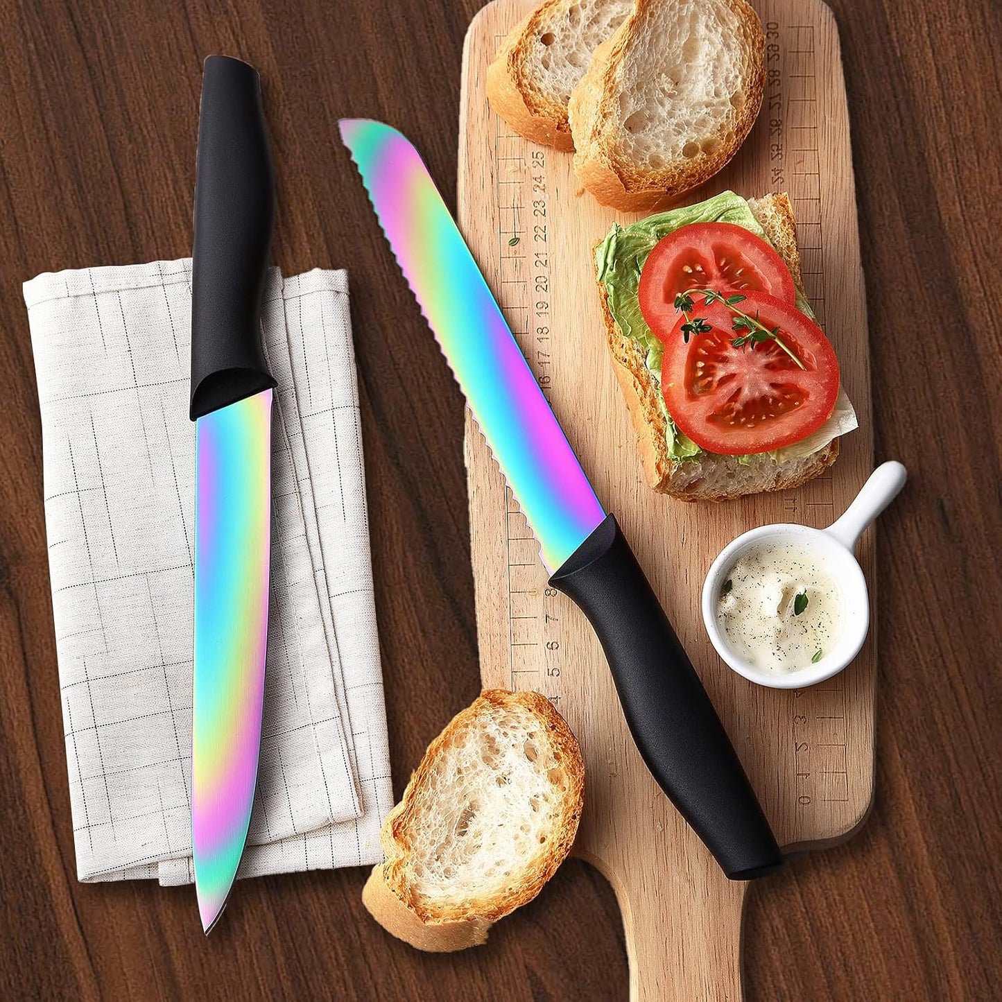 Kitchen Knife Set, KYA37 12-Piece Rainbow Titanium Stainless Steel Boxed Knives Set for Kitchen with Covers, 6 Knives with 6 Blade Guards