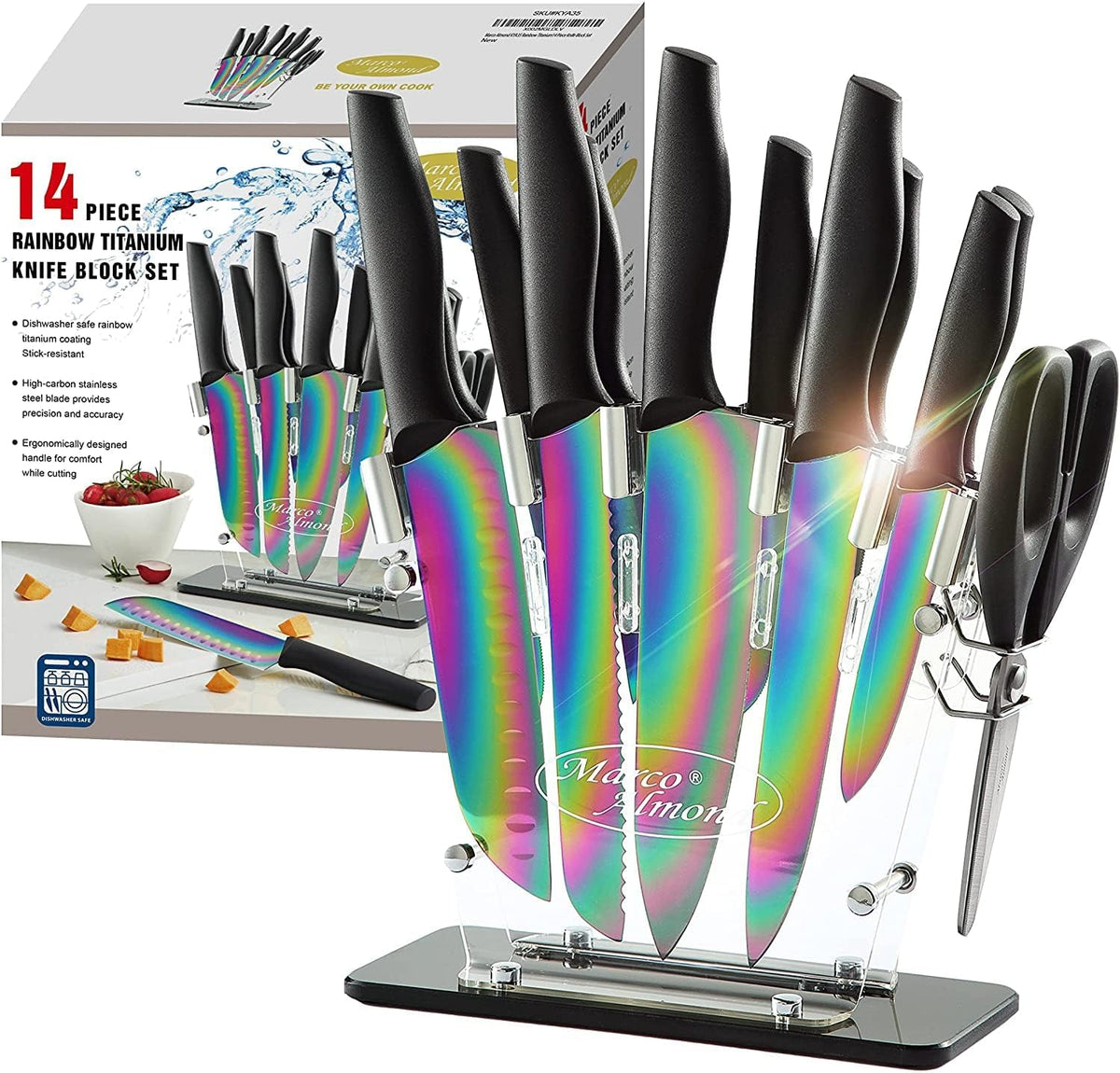 Kitchen Knife Set, KYA37 12-Piece Rainbow Titanium Stainless Steel Boxed Knives Set for Kitchen with Covers, 6 Knives with 6 Blade Guards
