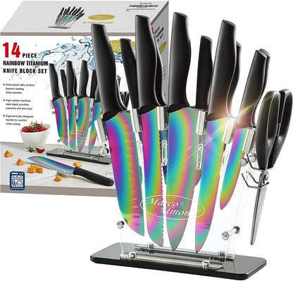 Kitchen Knife Set, KYA37 12-Piece Rainbow Titanium Stainless Steel Boxed Knives Set for Kitchen with Covers, 6 Knives with 6 Blade Guards