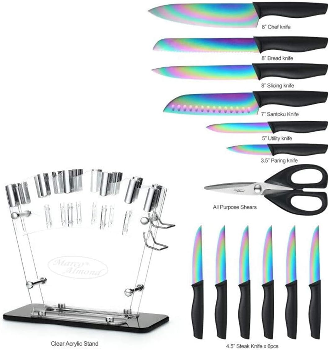 Kitchen Knife Set, KYA37 12-Piece Rainbow Titanium Stainless Steel Boxed Knives Set for Kitchen with Covers, 6 Knives with 6 Blade Guards