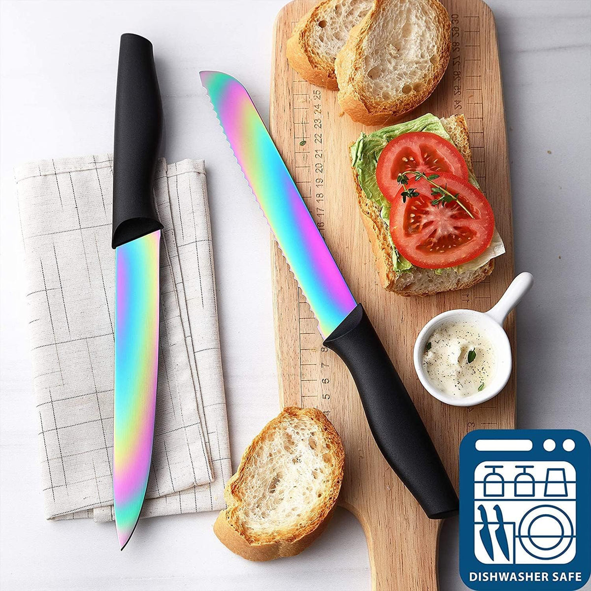 Kitchen Knife Set, KYA37 12-Piece Rainbow Titanium Stainless Steel Boxed Knives Set for Kitchen with Covers, 6 Knives with 6 Blade Guards
