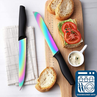 Kitchen Knife Set, KYA37 12-Piece Rainbow Titanium Stainless Steel Boxed Knives Set for Kitchen with Covers, 6 Knives with 6 Blade Guards