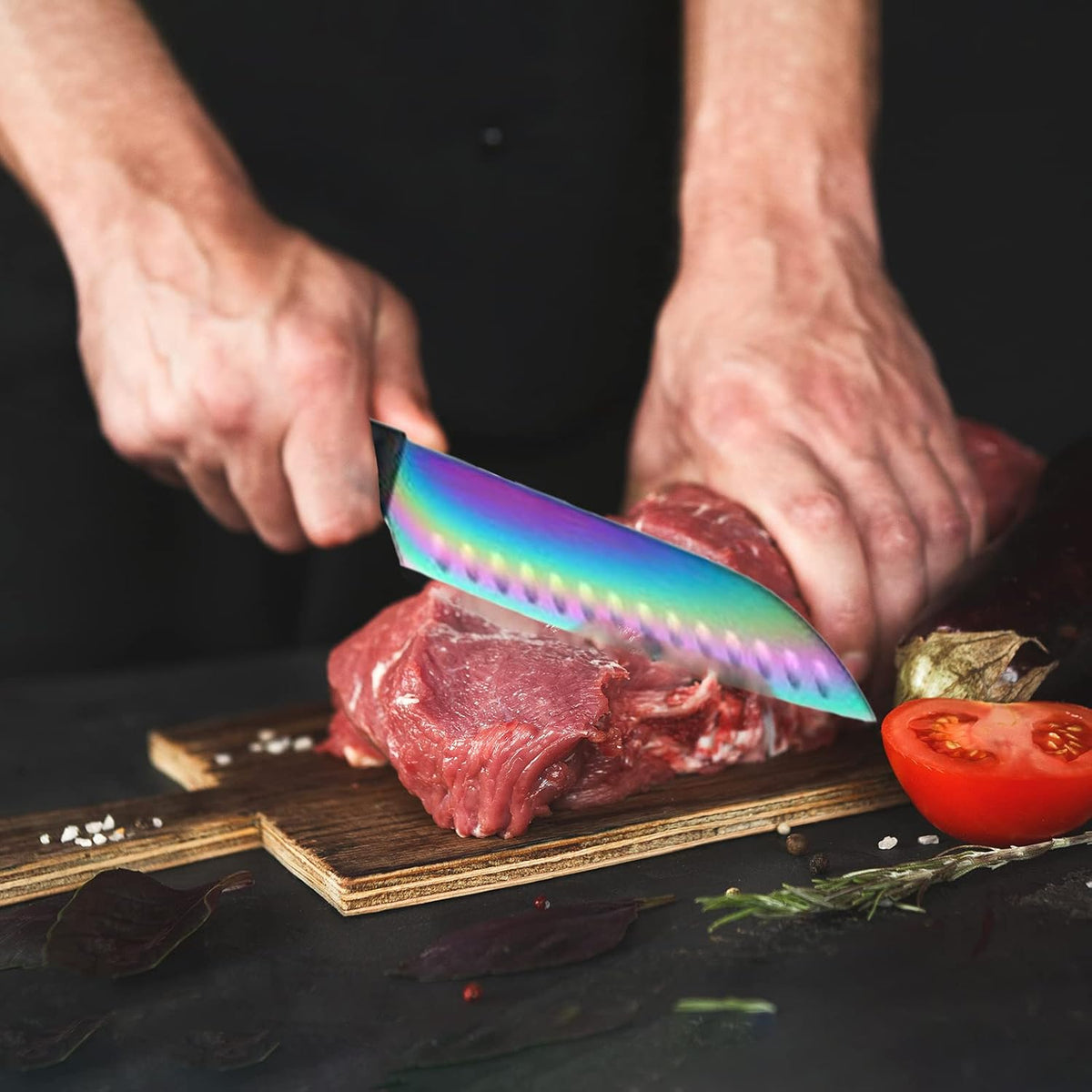 Kitchen Knife Set, KYA37 12-Piece Rainbow Titanium Stainless Steel Boxed Knives Set for Kitchen with Covers, 6 Knives with 6 Blade Guards