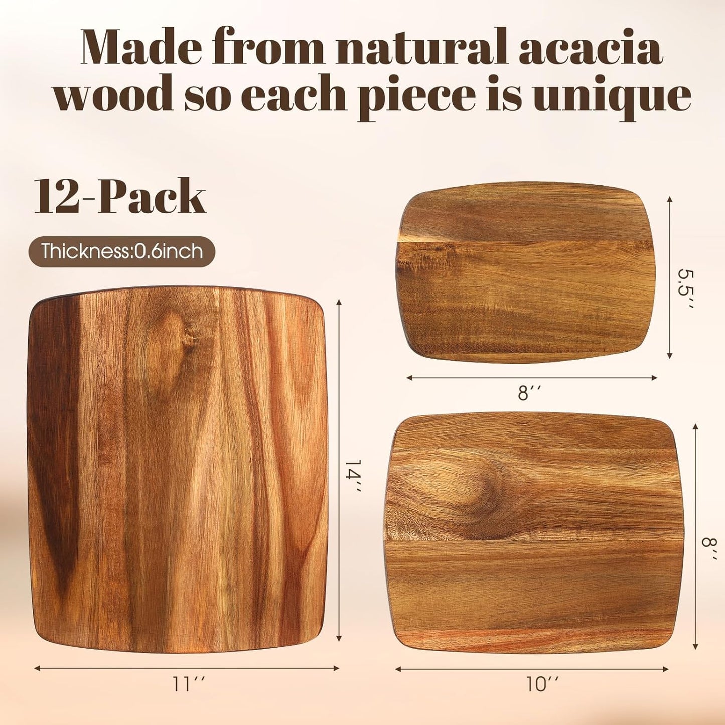 12 Pcs Thick Acacia Wood Cutting Boards for Kitchen Reversible Wooden Chopping Board Set Double Sided Charcuterie Boards for Meat Cheese Meal Supplies(3 Sizes)