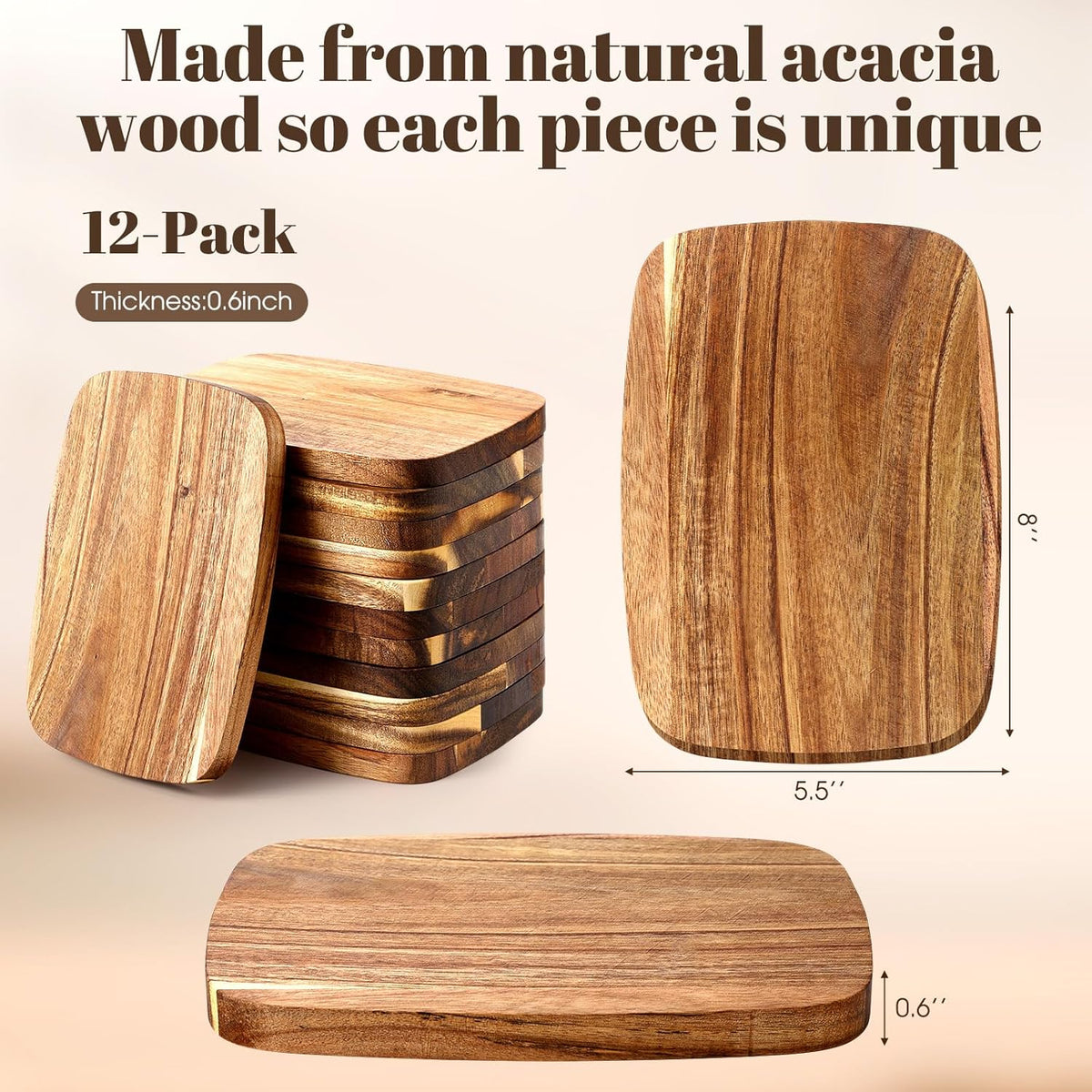 12 Pcs Thick Acacia Wood Cutting Boards for Kitchen Reversible Wooden Chopping Board Set Double Sided Charcuterie Boards for Meat Cheese Meal Supplies(3 Sizes)